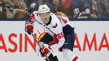 TORONTO, ON - JANUARY 23: Andre Burakovsky #65 of the Washington Capitals skates with the puck against the Toronto Maple Leafs during an NHL game at Scotiabank Arena on January 23, 2019 in Toronto, Ontario, Canada. (Photo by Claus Andersen/Getty Images)