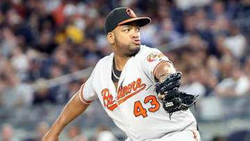 Jul 19, 2016; Bronx, NY, USA; Baltimore Orioles relief pitcher Odrisamer Despaigne (43) delivers a pitch during the fifth inning against the New York Yankees at Yankee Stadium. Mandatory Credit: Anthony Gruppuso-USA TODAY Sports