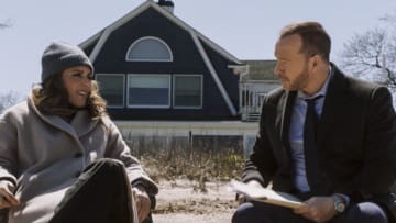 “Forgive Us Our Trespasses” – Danny and Baez team up with Danny’s old partner, Jackie Curatola (Jennifer Esposito), to find a copycat killer emulating murders from a previous case. Also, Frank and Mayor Chase (Dylan Walsh) battle over how best to handle the city’s rising homeless population; and Jamie, Eddie and Erin team up to build evidence against a previously released man who they believe is again committing criminal assault, on the 13th season finale of BLUE BLOODS, Friday, May 19 (10:00-11:00 PM, ET/PT) on the CBS Television Network, and available to stream live and on demand on Paramount+*. Jennifer Esposito, Stacy Keach, Dylan Walsh, Sami Gayle, Peter Hermann and Tony Terraciano guest star. Pictured: Jennifer Esposito as Jackie Curatola and Donnie Wahlberg as Danny Reagan. Photo: CBS ©2023 CBS Broadcasting, Inc. All Rights Reserved. Highest quality screengrab available.