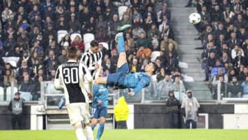 Cristiano Ronaldo scores a wonderful overhead during the first leg of the quarter finals of the UEFA Champions League 2017/18 between Juventus FC and Real Madrid CF at Allianz Stadium on 03 April, 2018 in Turin, Italy.Final result is 0-3 for Real Madrid. (Photo by Massimiliano Ferraro/NurPhoto via Getty Images)