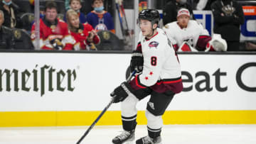 Feb 5, 2022; Las Vegas, Nevada, USA; Metropolitan Division defender Zach Werenski (8) of the Columbus Blue Jackets skates with the puck during the 2022 NHL All-Star Game at T-Mobile Arena. Mandatory Credit: Stephen R. Sylvanie-USA TODAY Sports