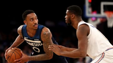 NEW YORK, NY - MARCH 23: Jeff Teague #0 of the Minnesota Timberwolves works against Emmanuel Mudiay #1 of the New York Knicks in the first quarter during their game at Madison Square Garden on March 23, 2018 in New York City. NOTE TO USER: User expressly acknowledges and agrees that, by downloading and or using this photograph, User is consenting to the terms and conditions of the Getty Images License Agreement. (Photo by Abbie Parr/Getty Images)