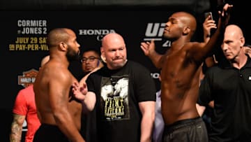 ANAHEIM, CA - JULY 28: (L-R) Daniel Cormier and Jon Jones face off during the UFC 214 weigh-in inside the Honda Center on July 28, 2017 in Anaheim, California. (Photo by Josh Hedges/Zuffa LLC/Zuffa LLC via Getty Images)