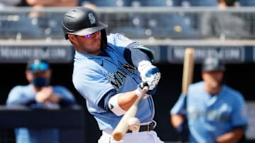 Ty France #23 of the Seattle Mariners bats against the Colorado Rockies in the second inning of an MLB spring training game at Peoria Sports Complex on March 04, 2021 in Peoria, Arizona. (Photo by Steph Chambers/Getty Images)