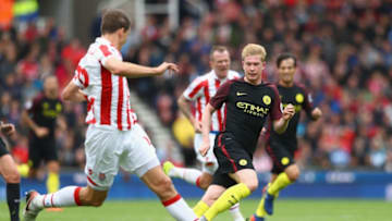STOKE ON TRENT, ENGLAND - AUGUST 20: Kevin De Bruyne of Manchester City looks on during the Premier League match between Stoke City and Manchester City at Bet365 Stadium on August 20, 2016 in Stoke on Trent, England. (Photo by Michael Steele/Getty Images)