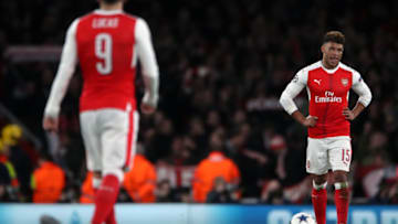 Arsenal's Lucas Perez and Alex Oxlade-Chamberlain (right) look dejected after the UEFA Champions League Round of 16, Second Leg match at the Emirates Stadium, London. (Photo by Nick Potts/PA Images via Getty Images)