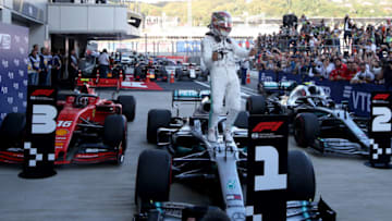 SOCHI, RUSSIA - SEPTEMBER 29: Race winner Lewis Hamilton of Great Britain and Mercedes GP celebrates in parc ferme during the F1 Grand Prix of Russia at Sochi Autodrom on September 29, 2019 in Sochi, Russia. (Photo by Charles Coates/Getty Images)