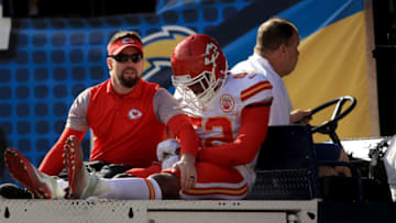 SAN DIEGO, CA - JANUARY 01: Dadi Nicolas #52 of the Kansas City Chiefs leaves the game with an injury during the first half of a game against the San Diego Chargers at Qualcomm Stadium on January 1, 2017 in San Diego, California. (Photo by Sean M. Haffey/Getty Images)