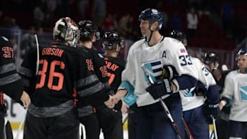 Sep 11, 2016; Montreal, Quebec, Canada; Team North America goalie John Gibson (36) shakes hands with Team Europe defenseman Zdeno Chara (33) after a World Cup of Hockey pre-tournament game at the Bell Centre. Mandatory Credit: Eric Bolte-USA TODAY Sports