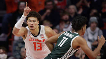 Jan 25, 2022; Champaign, Illinois, USA; Illinois Fighting Illini forward Benjamin Bosmans-Verdonk (13) reacts after scoring during the second half against the Michigan State Spartansat State Farm Center. Mandatory Credit: Ron Johnson-USA TODAY Sports