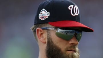 ATLANTA, GA - JUNE 02: Right fielder Bryce Harper #34 of the Washington Nationals walks off the field in between innings during the game against the Atlanta Braves at SunTrust Park on June 2, 2018 in Atlanta, Georgia. (Photo by Mike Zarrilli/Getty Images)
