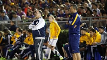 July 21, 2015; Los Angeles, CA, USA; Los Angeles Galaxy head coach Bruce Arena and Barcelona head coach Luis Enrique watch game action during the second half at Rose Bowl. Mandatory Credit: Gary A. Vasquez-USA TODAY Sports