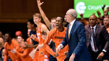 DURHAM, NORTH CAROLINA - JANUARY 14: The Syracuse Orange bench reacts during their win against the Duke Blue Devils at Cameron Indoor Stadium on January 14, 2019 in Durham, North Carolina. Syracuse won 95-91 in overtime. (Photo by Grant Halverson/Getty Images)