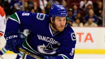 Jan 6, 2016; Vancouver, British Columbia, CAN; Vancouver Canucks forward Brandon Prust (9) skates against the Carolina Hurricanes during the first period at Rogers Arena. The Vancouver Canucks won 3-2. Mandatory Credit: Anne-Marie Sorvin-USA TODAY Sports