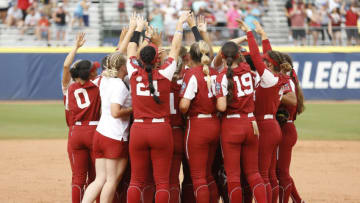 Jun 7, 2021; Oklahoma City, Oklahoma, USA; Oklahoma celebrates after defeating James Madison in a NCAA WomenÕs College World Series semi final game to advance to the championship series at USA Softball Hall of Fame Stadium. Mandatory Credit: Alonzo Adams-USA TODAY Sports