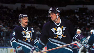 2000 Season: Teemu Selanne with teammate Paul Kariya. (Photo by Bruce Bennett Studios/Getty Images)