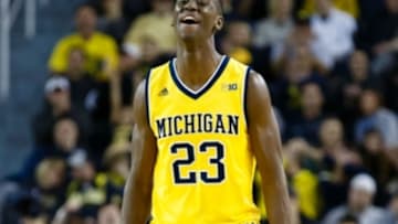 Nov 20, 2015; Ann Arbor, MI, USA; Michigan Wolverines guard Caris LeVert (23) reacts to a three point basket by guard Zak Irvin (not pictured) in the first half against the Xavier Musketeers at Crisler Center. Mandatory Credit: Rick Osentoski-USA TODAY Sports