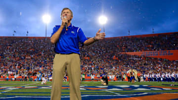 GAINESVILLE, FL - SEPTEMBER 03: Steve Spurrier speaks during a field naming ceremony before the game between the Florida Gators and the Massachusetts Minutemen at Ben Hill Griffin Stadium on September 3, 2016 in Gainesville, Florida. (Photo by Rob Foldy/Getty Images)