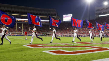 OXFORD, MS - OCTOBER 29: Mississippi Rebels cheerleaders celebrate after a touchdown during the 2nd half of an NCAA college football game against the Auburn Tigers on October 29, 2016 in Oxford, Mississippi. (Photo by Butch Dill/Getty Images)