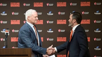 CLEVELAND, OHIO - JANUARY 14: Team owner Jimmy Haslam shakes hands with Kevin Stefanski after introducing Stefanski as the Cleveland Browns new head coach on January 14, 2020 in Cleveland, Ohio. (Photo by Jason Miller/Getty Images)