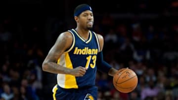 Apr 10, 2015; Auburn Hills, MI, USA; Indiana Pacers forward Paul George (13) brings the ball up court during the fourth quarter against the Detroit Pistons at The Palace of Auburn Hills. Pacers won 107-103. Mandatory Credit: Tim Fuller-USA TODAY Sports