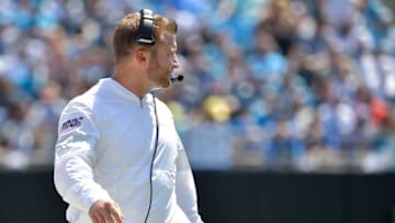 CHARLOTTE, NORTH CAROLINA - SEPTEMBER 08: Head coach Sean McVay of the Los Angeles Rams watches his team play against the Carolina Panthers during the first quarter of their game at Bank of America Stadium on September 08, 2019 in Charlotte, North Carolina. (Photo by Grant Halverson/Getty Images)