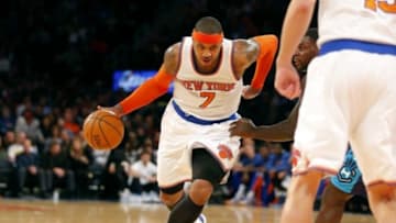Nov 2, 2014; New York, NY, USA; New York Knicks forward Carmelo Anthony (7) drives to the basket during the second half against the Charlotte Hornets at Madison Square Garden. New York defeated Charlotte 96-93. Mandatory Credit: Jim O