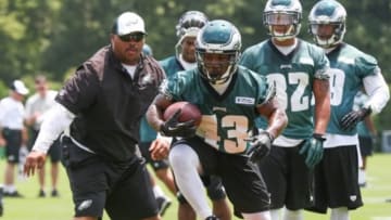 Jun 17, 2014; Philadelphia, PA, USA; Running back Darren Sproles (43) runs drills during mini camp at the Philadelphia Eagles NovaCare Complex. Mandatory Credit: Bill Streicher-USA TODAY Sports