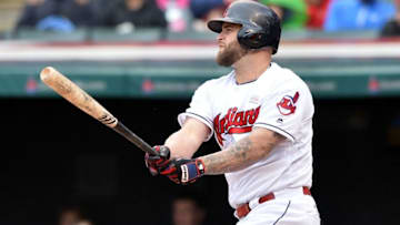 May 14, 2016; Cleveland, OH, USA; Cleveland Indians first baseman Mike Napoli (26) hits a double during the fourth inning against the Minnesota Twins at Progressive Field. Mandatory Credit: Ken Blaze-USA TODAY Sports