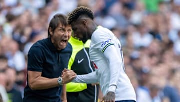 Tottenham Hotspur Manager Antonio Conte of and Emerson Royal (Photo by Sebastian Frej/MB Media/Getty Images)