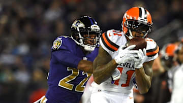 Nov 10, 2016; Baltimore, MD, USA; Cleveland Browns wide receiver Terrelle Pryor (11) makes a catch in front of Baltimore Ravens cornerback Jimmy Smith (22) during the second quarter at M&T Bank Stadium. Mandatory Credit: Tommy Gilligan-USA TODAY Sports