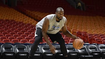Oct 18, 2016; Miami, FL, USA; Orlando Magic forward Serge Ibaka (7) warms up prior to the game against the Orlando Magic at American Airlines Arena. Mandatory Credit: Steve Mitchell-USA TODAY Sports
