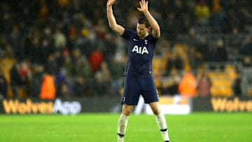 WOLVERHAMPTON, ENGLAND - DECEMBER 15: Jan Vertonghen of Tottenham Hotspur celebrates following the Premier League match between Wolverhampton Wanderers and Tottenham Hotspur at Molineux on December 15, 2019 in Wolverhampton, United Kingdom. (Photo by Richard Heathcote/Getty Images)