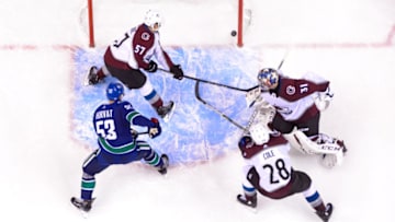 VANCOUVER, BC - NOVEMBER 02: Vancouver Canucks center Bo Horvat (53) Colorado Avalanche Goalie Philipp Grubauer (31) Defenceman Ian Cole (28) and Left Wing Gabriel Bourque (57) watch the overtime winning goal during their NHL game at Rogers Arena on November 2, 2018 in Vancouver, British Columbia, Canada. Vancouver won 7-6. (Photo by Derek Cain/Icon Sportswire via Getty Images)