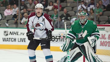 Oct 5, 2016; Dallas, TX, USA; Colorado Avalanche center Matt Duchene (9) screens Dallas Stars goalie Kari Lehtonen (32) during the first period at the American Airlines Center. Mandatory Credit: Jerome Miron-USA TODAY Sports