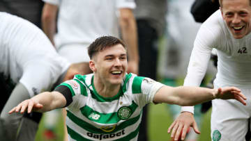 ABERDEEN, SCOTLAND - MAY 04: Kieran Tierney of Celtic celebrates as his side secured the Ladbrokes Scottish Premiership title after the Ladbrokes Scottish Premiership match between Aberdeen and Celtic at Pittodrie Stadium on May 04, 2019 in Aberdeen, Scotland. (Photo by Ian MacNicol/Getty Images)
