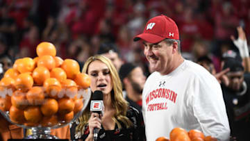 MIAMI GARDENS, FL - DECEMBER 30: Head coach Paul Chryst of the Wisconsin Badgers is interviewed following the 2017 Capital One Orange Bowl against the Miami Hurricanes at Hard Rock Stadium on December 30, 2017 in Miami Gardens, Florida. (Photo by Rob Foldy/Getty Images)