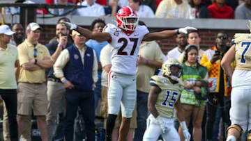 Nov 30, 2019; Atlanta, GA, USA; Georgia Bulldogs defensive back Eric Stokes (27) shows emotion after a pass break up against the Georgia Tech Yellow Jackets in the second half at Bobby Dodd Stadium. Mandatory Credit: Brett Davis-USA TODAY Sports