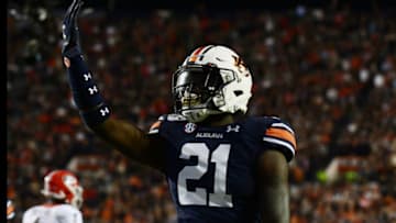 AUBURN, AL - NOVEMBER 16: Auburn Tigers Defensive Back Smoke Monday (21) celebrates during the game between the Georgia Bulldogs and the Auburn Tigers on November 16, 2019, at Jordan-Hare Stadium in Auburn, AL. (Photo by Jeffrey Vest/Icon Sportswire via Getty Images)