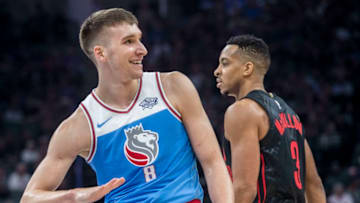 The Sacramento Kings' Bogdan Bogdanovic (8) ask for the ball after an out of bounds call in action against the Portland Trail Blazers at the Golden 1 Center in Sacramento Calif., on February 9, 2018. (Hector Amezcua/Sacramento Bee/TNS via Getty Images)