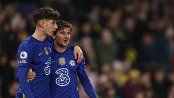 NORWICH, ENGLAND - MARCH 10: Kai Havertz of Chelsea celebrates after scoring a goal to make it 1-3 with Mason Mount during the Premier League match between Norwich City and Chelsea at Carrow Road on March 10, 2022 in Norwich, United Kingdom. (Photo by Matthew Ashton - AMA/Getty Images)
