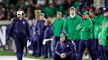 SOUTH BEND, IN - OCTOBER 12: Notre Dame Fighting Irish head coach Brian Kelly looks on during a game against the USC Trojans at Notre Dame Stadium on October 12, 2019 in South Bend, Indiana. Notre Dame defeated USC 30-27. (Photo by Joe Robbins/Getty Images)
