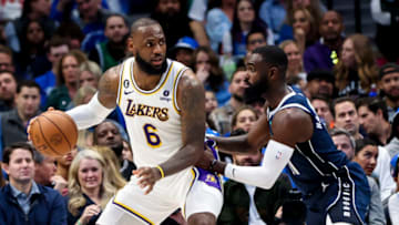Feb 26, 2023; Dallas, Texas, USA; Los Angeles Lakers forward LeBron James (6) controls the ball as Dallas Mavericks forward Tim Hardaway Jr. (11) defends during the second quarter at American Airlines Center. Mandatory Credit: Kevin Jairaj-USA TODAY Sports