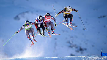 VAL THORENS, FRANCE - DECEMBER 07: Arnaud Bovolenta of France takes 2nd place, Francois Place of France competes, Jean Frederic Chapuis of France competes, Kevin Drury of Canada competes during the FIS Freestyle Ski World Cup, Men's and Women's Ski Cross on December 7, 2017 in Val Thorens, France. (Photo by Laurent Salino/Agence Zoom/Getty Images)