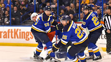 Jan 14, 2016; St. Louis, MO, USA; St. Louis Blues defenseman Chris Butler (25) clears the puck in the game against the Carolina Hurricanes during the first period at Scottrade Center. Mandatory Credit: Jasen Vinlove-USA TODAY Sports