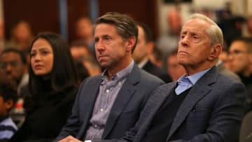 NEW YORK, NY - JANUARY 24: New York Mets Chief Operating Officer Jeff Wilpon and Chairman of the Board & Chief Executive Officer Fred Wilpon listen in as Luis Rojas is introduced as the team's new manager at Citi Field on January 24, 2020 in New York City. Rojas had been the Mets quality control coach and was tapped as a replacement after the newly hired Carlos Beltrán was implicated for his role as a player in 2017 in the Houston Astros sign-stealing scandal. (Photo by Rich Schultz/Getty Images) (Photo by Rich Schultz/Getty Images)