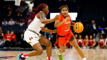 MINNEAPOLIS, MN - MARCH 03: Makira Cook #3 of the Illinois Fighting Illini drives to the basket while Bri McDaniel #24 of the Maryland Terrapins defends in the second half of the game in the quarterfinals of the Big Ten Women's Basketball Tournament at Target Center on March 3, 2023 in Minneapolis, Minnesota. The Terrapins defeated the Fighting Illini 73-58. (Photo by David Berding/Getty Images)