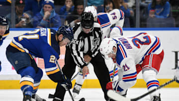 ST. LOUIS, MO. - DECEMBER 31: St. Louis Blues leftwing Alexander Steen (20) and New York Rangers center Brett Howden (21) face off during an NHL game between the New York Rangers and the St. Louis Blues on December 31, 2018, at Enterprise Center, St. Louis, MO. (Photo by Keith Gillett/Icon Sportswire via Getty Images)