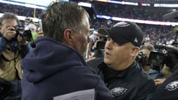 Dec 6, 2015; Foxborough, MA, USA; New England Patriots head coach Bill Belichick (L) shakes hands with Philadelphia Eagles head coach Chip Kelly (R) after their game at Gillette Stadium. Mandatory Credit: Stew Milne-USA TODAY Sports