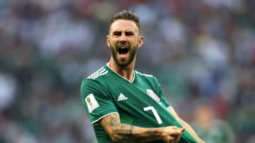 MOSCOW, RUSSIA - JUNE 17: Miguel Layun of Mexico reacts during the 2018 FIFA World Cup Russia group F match between Germany and Mexico at Luzhniki Stadium on June 17, 2018 in Moscow, Russia. (Photo by Clive Rose/Getty Images)